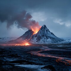 Volcano Eruption under Cloudy Sky: An awe-inspiring depiction of a volcano erupting, with fiery magma cascading down its slopes, all set against a dramatic, stormy sky
