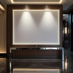 Fototapeta premium Blank Advertising Canvas in Hotel Lobby Above Console Table – Modern Interior Mockup
