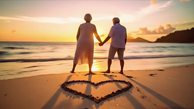 Elderly couple holding hands on beach at sunset, heart drawn in sand