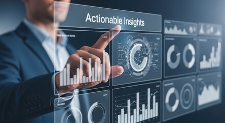 Businessman touching screen displaying actionable insights and financial charts finance technology