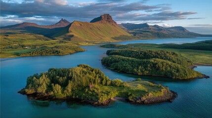 Scenic view of a fjord with islands and mountains.
