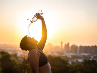An athletic black woman silhouetted against a setting sun, pouring water over her head to cool off, with a blurred urban background 