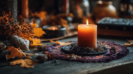 samhain altar with candle and autumn leaves. Wicca sabbat ritual .