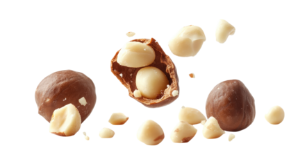 Exquisite Chocolate Coated Macadamia Nuts with Broken Shells on a Transparent Display