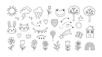 Cute and Simple Line Art Collection Featuring Nature, Animals, and Celebratory Elements for Creative Designs