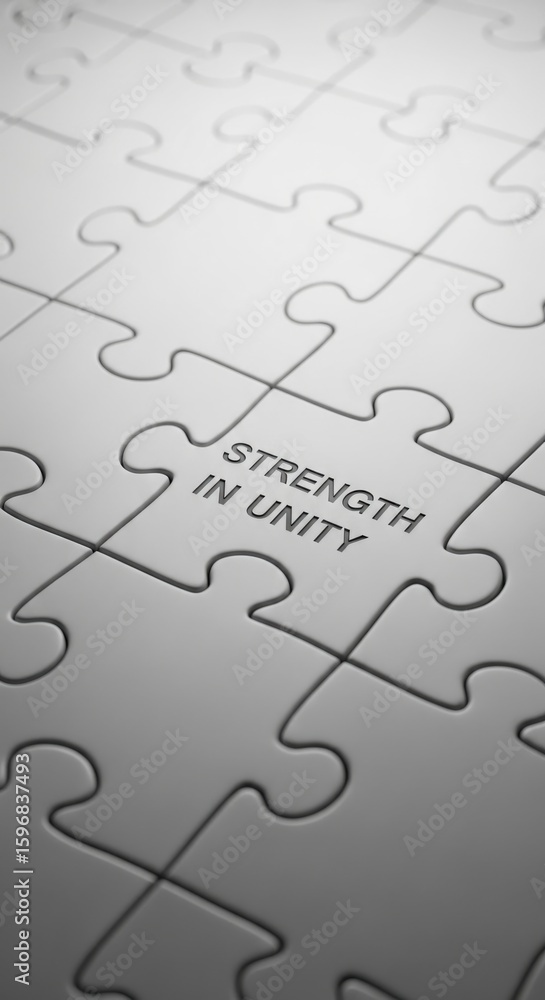 Poster close up of a grey jigsaw puzzle with the words strength in unity embossed on one piece puzzle piece