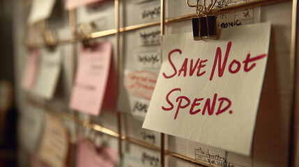 Motivational message on sticky notes emphasizing saving money displayed in a creative workspace environment
