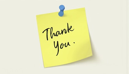 Yellow sticky note with black text Thank you suspended mid-air. Simple message of appreciation, gratitude, or thanks conveyed through handwritten note. Expressive gesture of kindness and positivity.