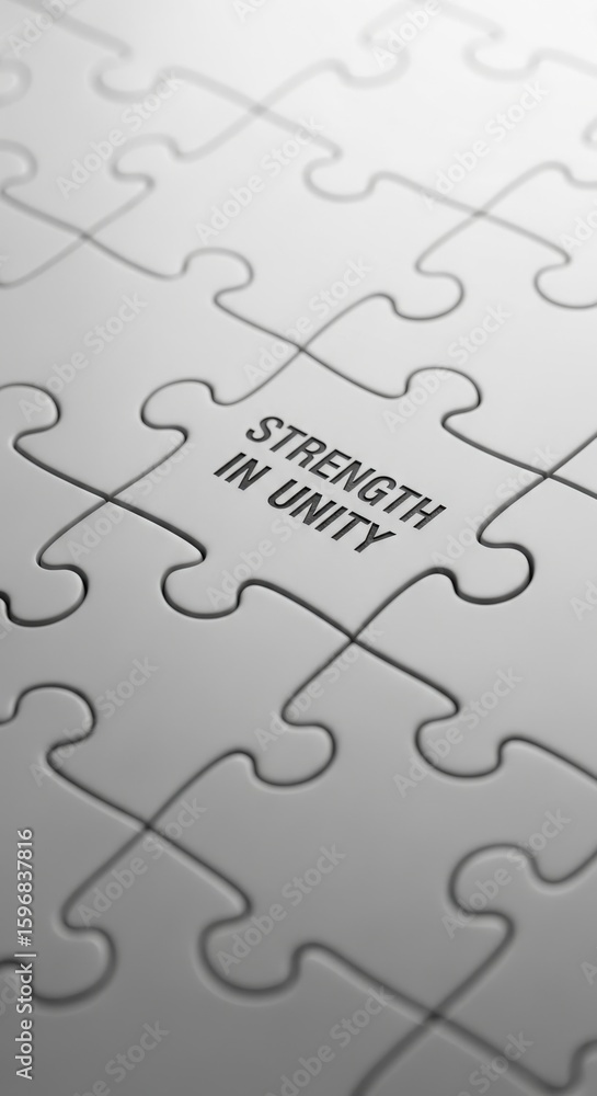 Aufkleber close up of a white jigsaw puzzle piece with text strength in unity teamwork