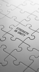 Fototapeta premium Close up of a white jigsaw puzzle piece with text Strength in Unity teamwork