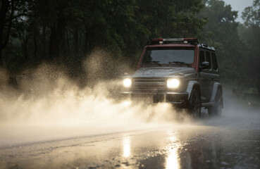 Black SUV with red stripe drives down wet road. Water splashes from tires create trail behind. SUV moves towards right side. Trees, foliage surround vehicle. Stormy weather with cloudy sky.
