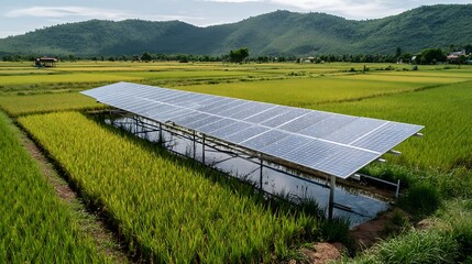 solar panel in rural rice field. Clean energy in agriculture sector .