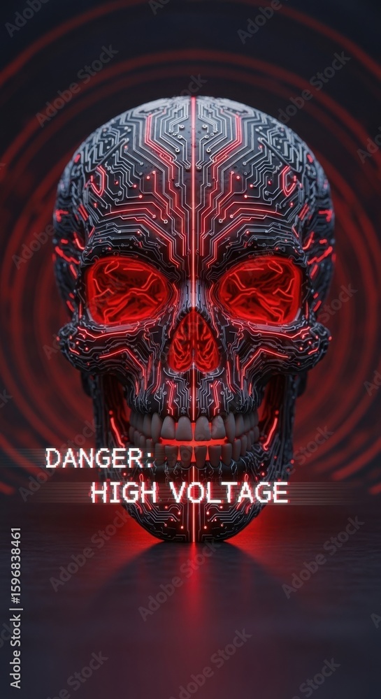 Poster cybernetic skull with glowing red circuits and danger high voltage text technology