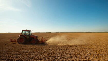 Obraz premium Red tractor plows a vast flat field in a rural area under a clear blue sky. Blue, red, and yellow colors create a vibrant landscape. Tractor works in the foreground amidst a wild empty landscape.