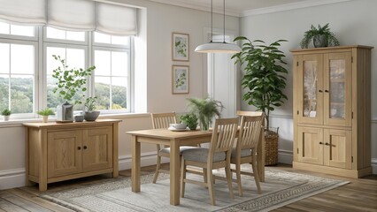 Modern Dining Room with Light Wood Furniture and Greenery