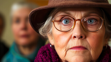 Elderly woman wearing glasses and a hat looks directly at the camera with a focused expression. Old lady in hat