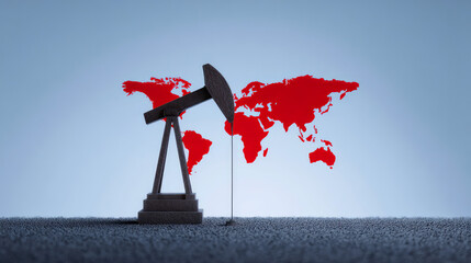 Oil pumpjack on a textured surface with a red world map silhouette in the background. Concept: global oil extraction and industry impact