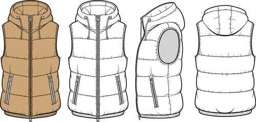 Stylish hooded puffer vest design, front side back views, winter fashion, apparel illustration, outerwear template, sleeveless jacket with zipper © Halal Artist