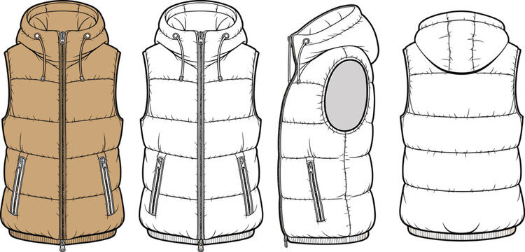 Stylish hooded puffer vest design, front side back views, winter fashion, apparel illustration, outerwear template, sleeveless jacket with zipper