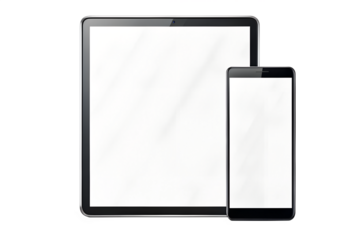 A tablet and smartphone with blank screens are displayed in a studio setting isolated on transparent background
