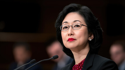 A politic asian woman with glasses and red lipstick is speaking into a microphone. Professional speaker or presentation