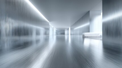 Fototapeta premium Modern, minimalist interior hallway with polished metal walls and floor.