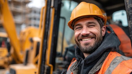 Photography of a pleased, man in his 30s that is operating heavy machinery wearing a construction worker's attire against a construction site background.