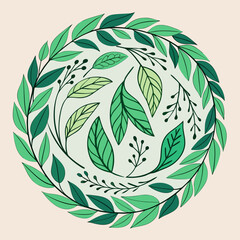 Green leaves and branches arranged in a circular pattern silhouette isolated on white background