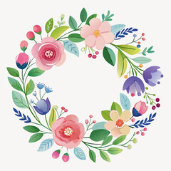 Colorful floral wreath with delicate flowers and leaves isolated on white background silhouette