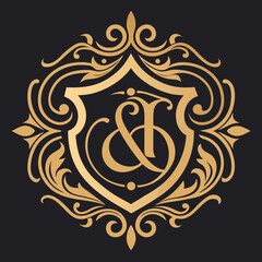 Elegant gold monogram emblem with ornate flourishes silhouette isolated on white background