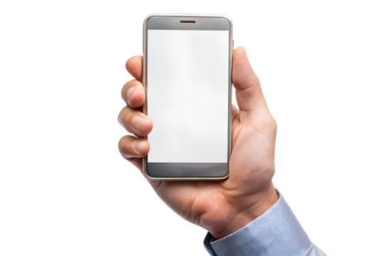 A hand is holding a smartphone with a blank screen on a transparent background, showcasing its design and features isolated on transparent background