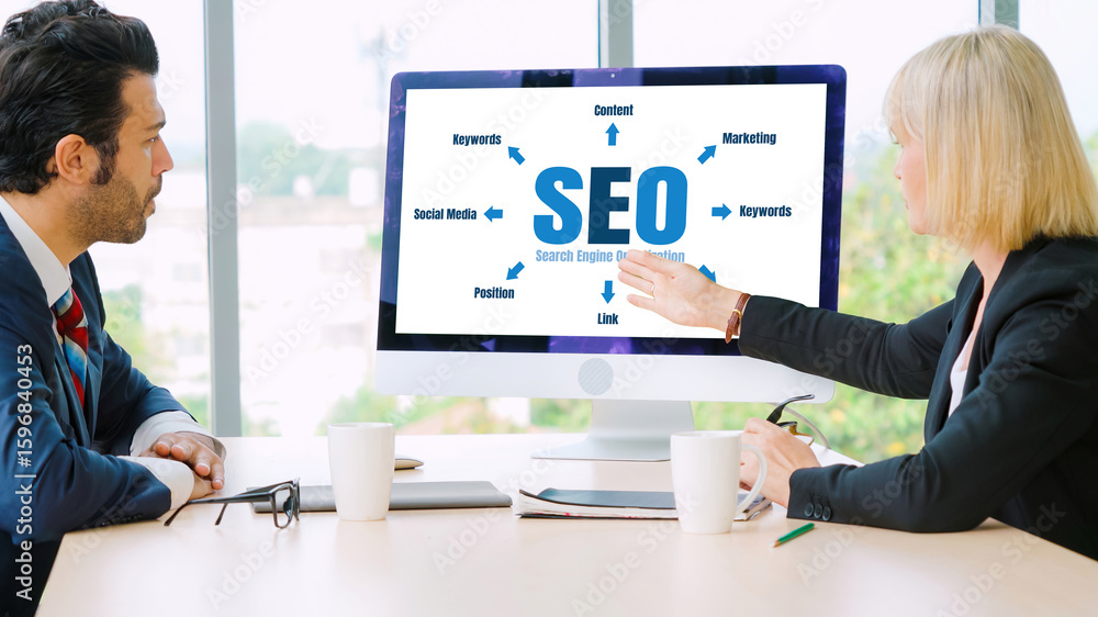 Aufkleber seo search engine optimization for modish e-commerce and online retail business showing on computer 
