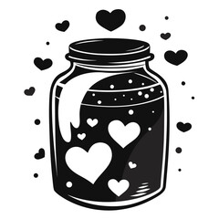 Black silhouette of a jar filled with hearts and surrounded by floating hearts isolated on white background silhouette