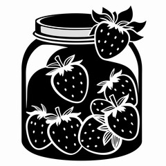 A jar filled with fresh strawberries in a black and white silhouette style isolated on white background