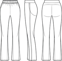 Women's pants technical fashion sketch, front, side, and back views, elastic waistband, detailed illustration template for garment design layout