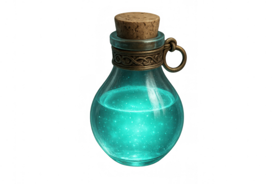 Cyan liquid swirling inside glass vial, metal-trimmed cork stopper glowing against transparent backdrop