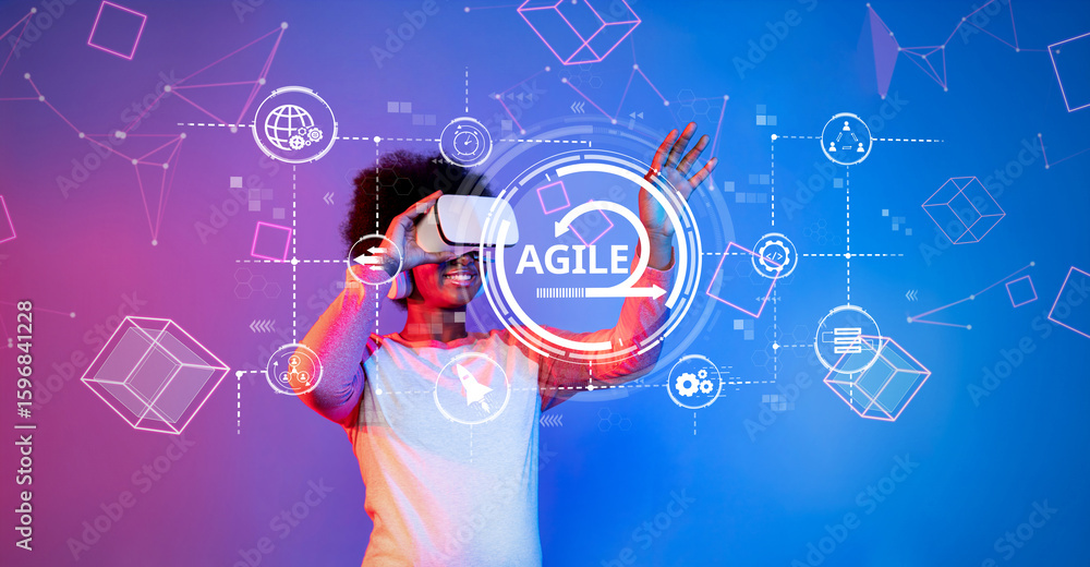 Poster a dynamic individual explores a virtual reality environment, showcasing innovative agile concepts ag