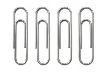 Four metallic paperclips standing on a transparent background, ready for use in various office or stationery related projects
