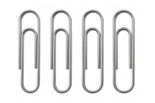 Four metallic paperclips standing on a transparent background, ready for use in various office or stationery related projects