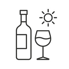 Line art of wine bottle and glass with sun symbolizing summer wine  
