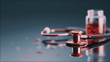 Red stethoscope and pill bottle on reflective surface - medical equipment and healthcare concept