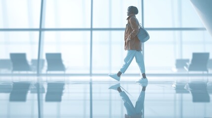 Fototapeta premium Confident mature caucasian female walking in modern airport terminal