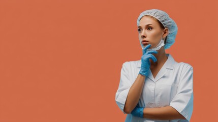 Caucasian female doctor in white coat with blue gloves pondering on orange background