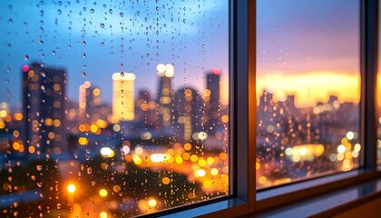 Rainy city view through window