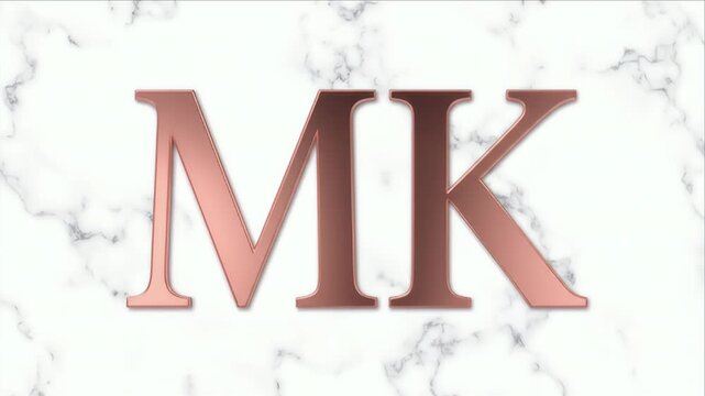 Metallic rose-gold letters "MK" on a white marble background