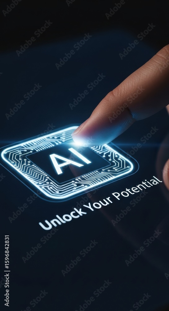 Aufkleber finger pressing a i button on futuristic screen with circuit board design and text unlock your poten