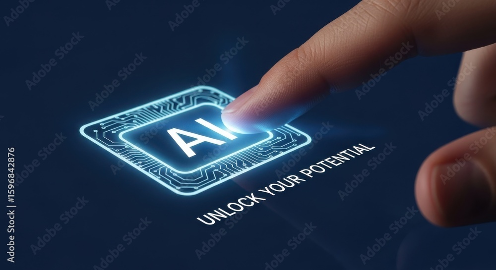 Aufkleber finger pressing glowing a i button with circuit board design and text unlock your potential artifici