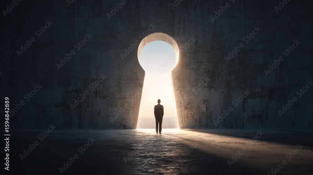 Poster back view of businessman standing in abstract key opening in wall with bright light and mock up plac
