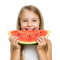 A joyful girl with blond hair holds up a vibrant watermelon slice, smiling widely.