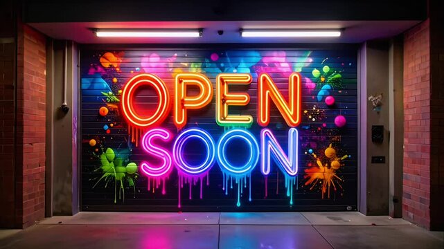 Neon ?OPEN SOON? art on a garage door with colorful splash art - Powered by Adobe